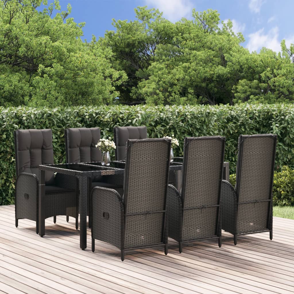 vidaXL 7 Piece Garden Dining Set with Cushions Black and Grey Poly Rattan