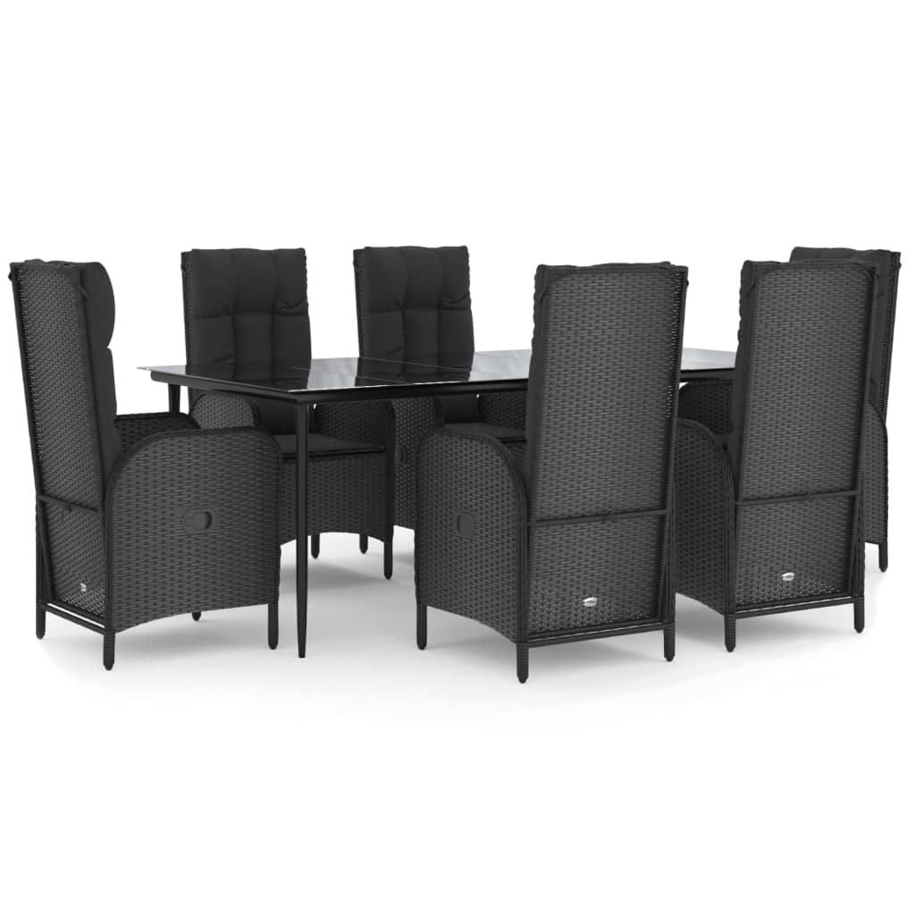 vidaXL 7 Piece Garden Dining Set with Cushions Black Poly Rattan