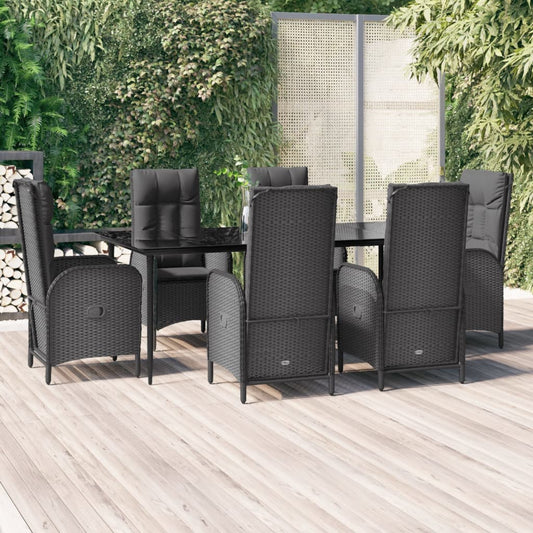 vidaXL 7 Piece Garden Dining Set with Cushions Black Poly Rattan