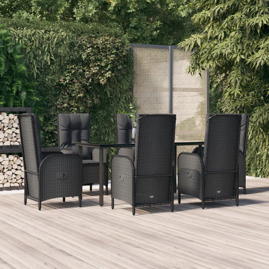 vidaXL 7 Piece Garden Dining Set with Cushions Black Poly Rattan