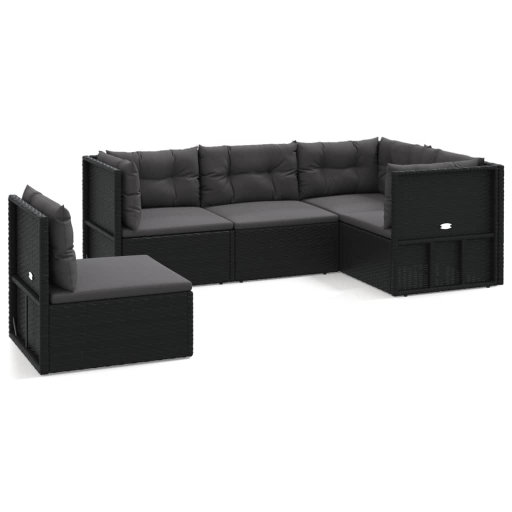 vidaXL 5 Piece Garden Lounge Set with Cushions Black Poly Rattan