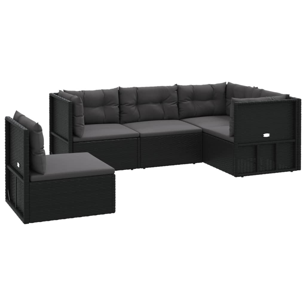vidaXL 5 Piece Garden Lounge Set with Cushions Black Poly Rattan