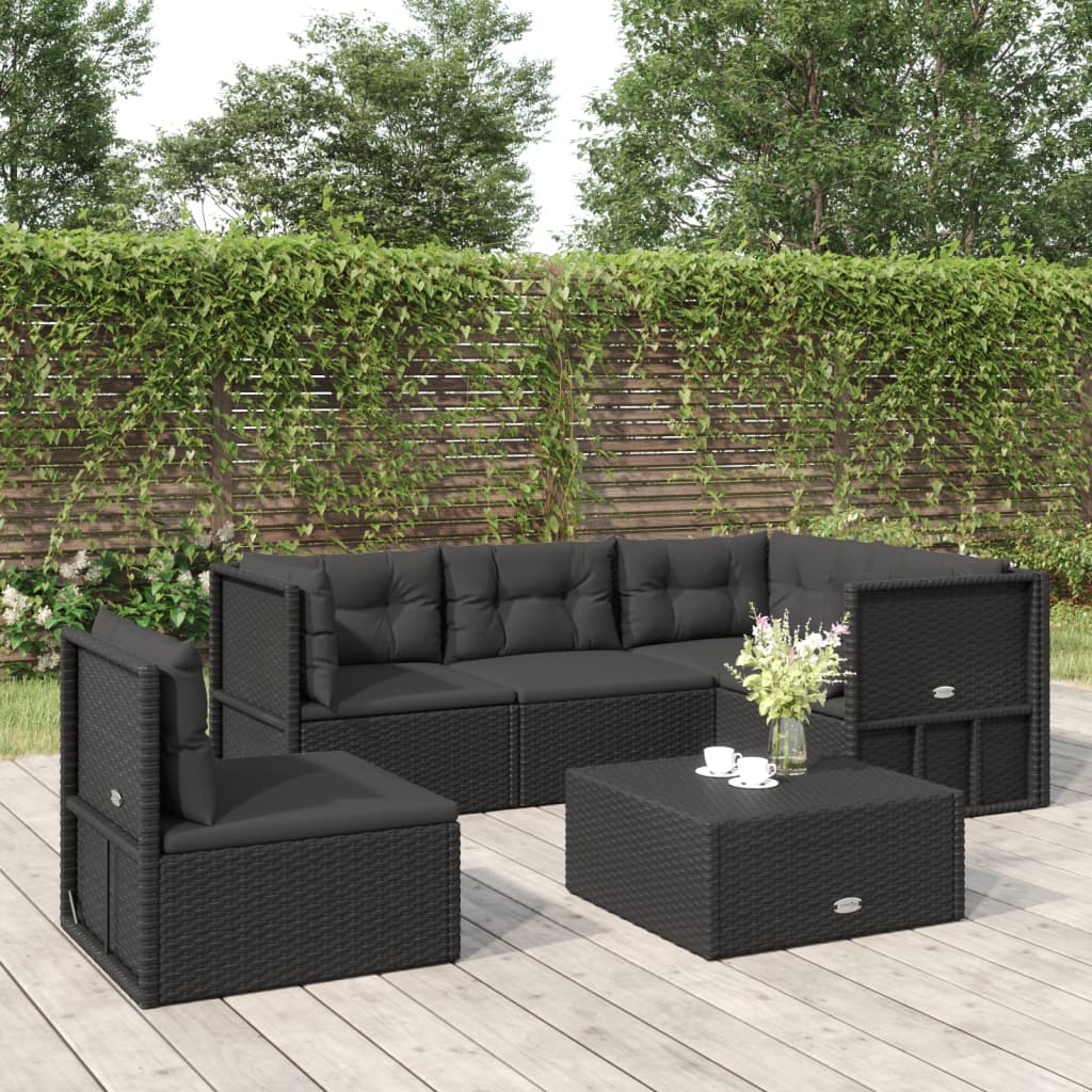 vidaXL 5 Piece Garden Lounge Set with Cushions Black Poly Rattan