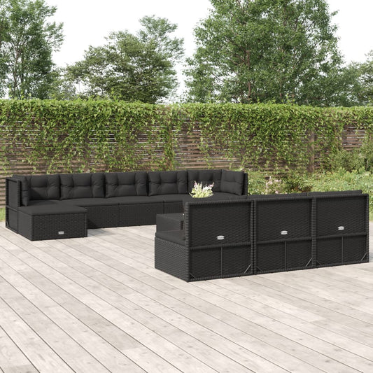 vidaXL 11 Piece Outdoor Sofa Set with Cushions Black Poly Rattan