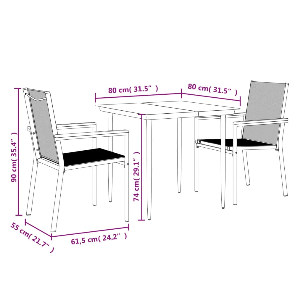 vidaXL 3 Piece Garden Dining Set Black Textilene and Steel