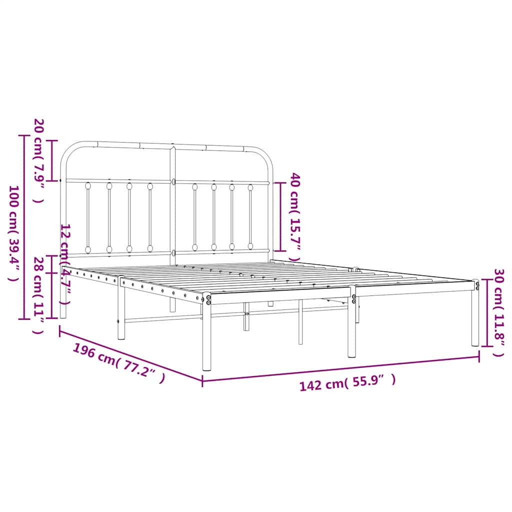 vidaXL Metal Bed Frame without Mattress with Headboard Black 135x190 cm