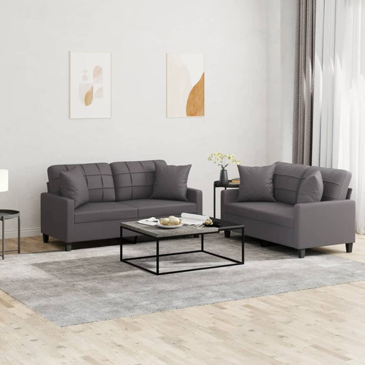 vidaXL 2 Piece Sofa Set with Pillows Grey Faux Leather